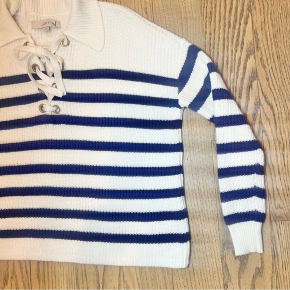 LOFT Striped Blue and White Lace Up Polo Sweater Size Small - Picture 5 of 12